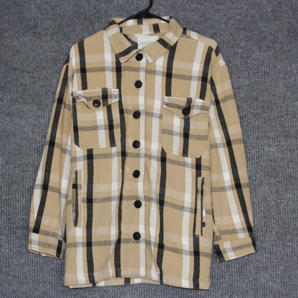 Lucky‎ Brand Women's Plaid Button Up Shirt Jacket Tan Black White Size Large